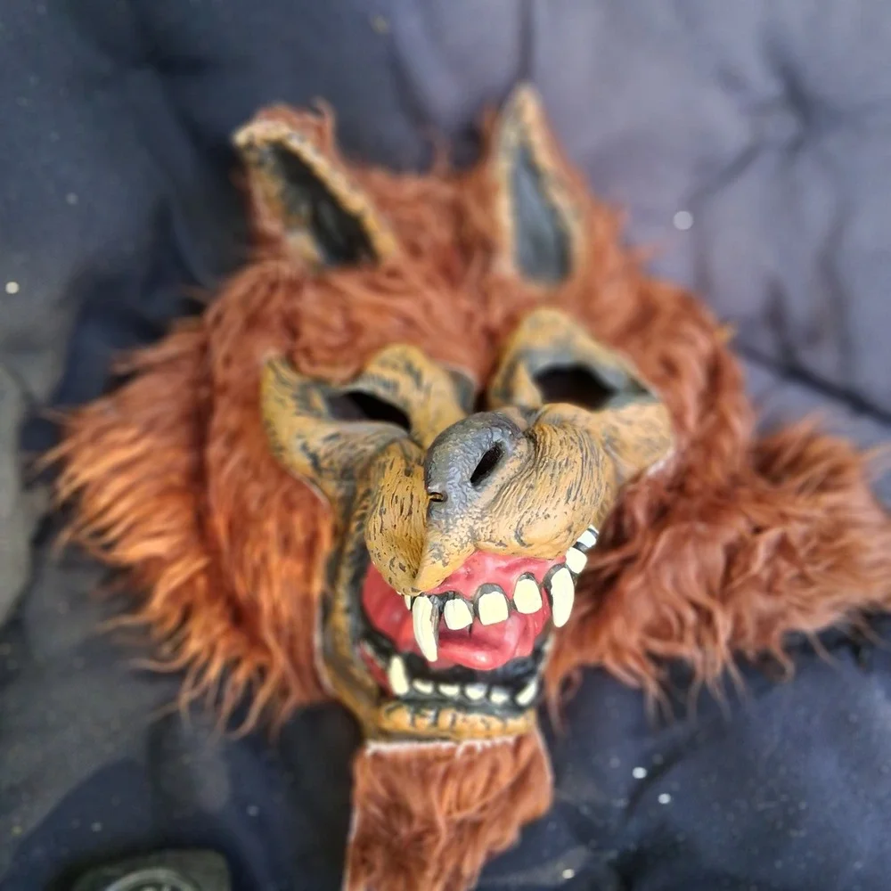 Vintage 90s Brown Furry Werewolf Monster Halloween Rubber Mask Scary Fangs